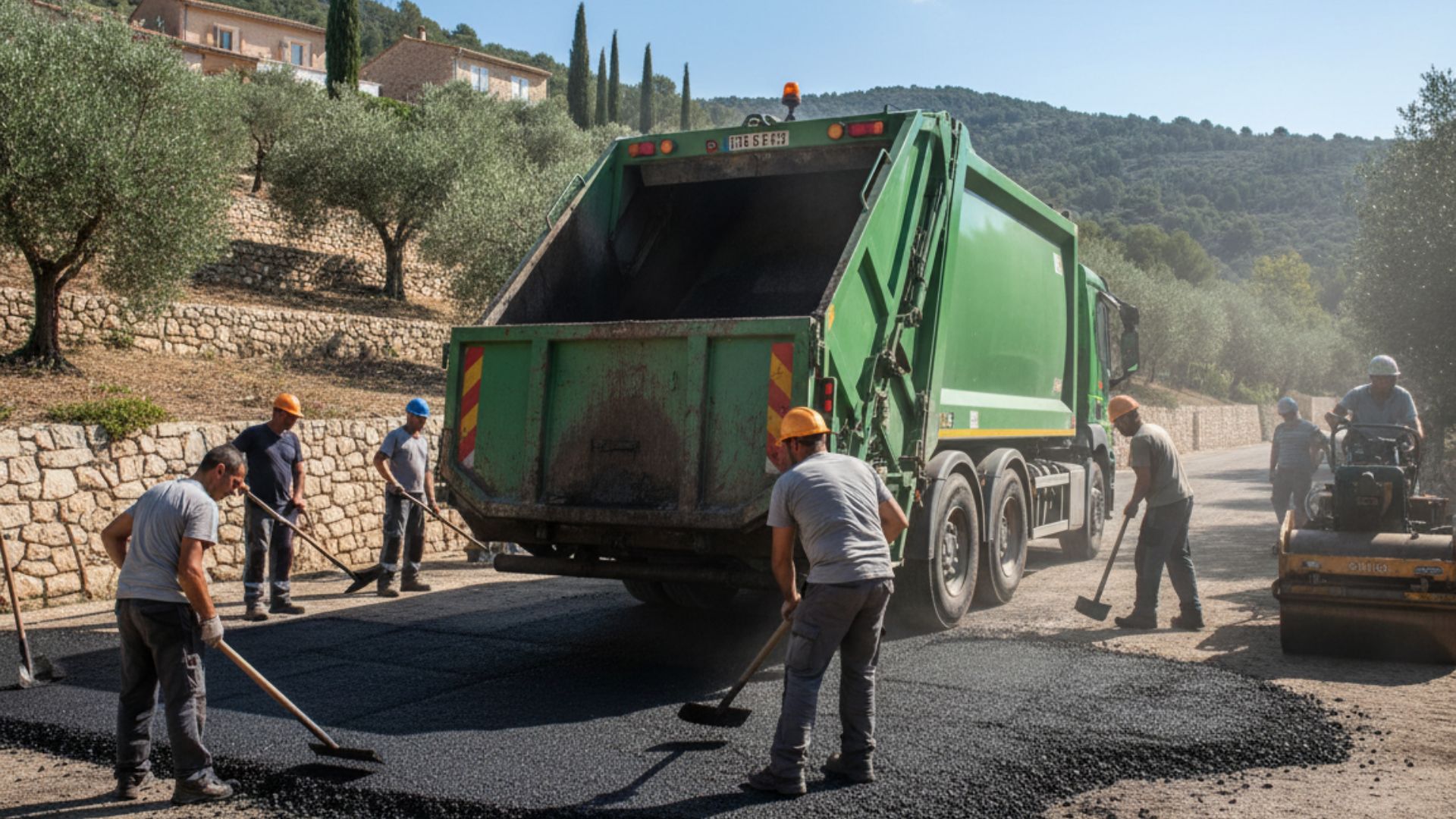 Enrobé bitumineux enfoncé sous benne à ordures et bacs roulants 240 360 660 770 1000 L + camion-benne collecte PTAC 19-26 tonnes — pathologies empreintes circulaires affaissement ornières — solutions BBSG SBS dur grave-bitume EME dalle béton armée — Société Missaoui Alpes-Maritimes Var
