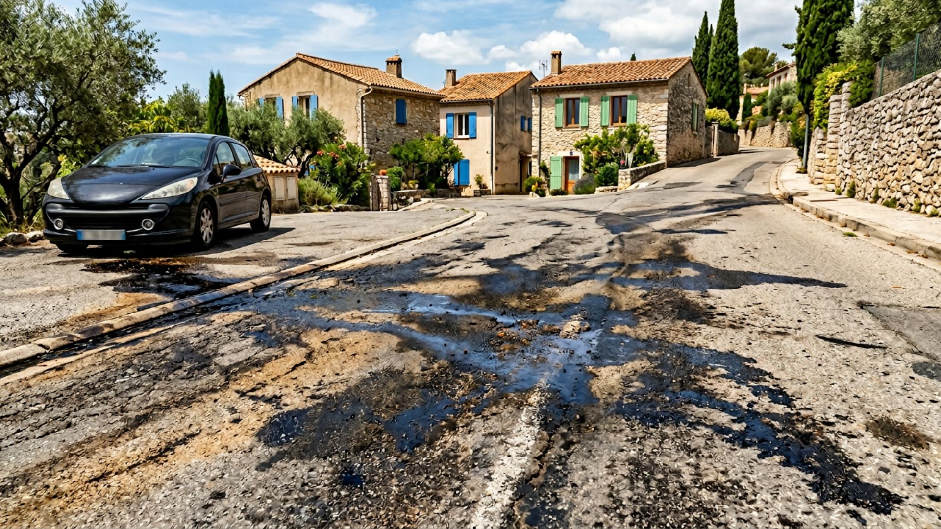 Enrobé taché par fuite hydrocarbure — nettoyage et réparation — Société Missaoui