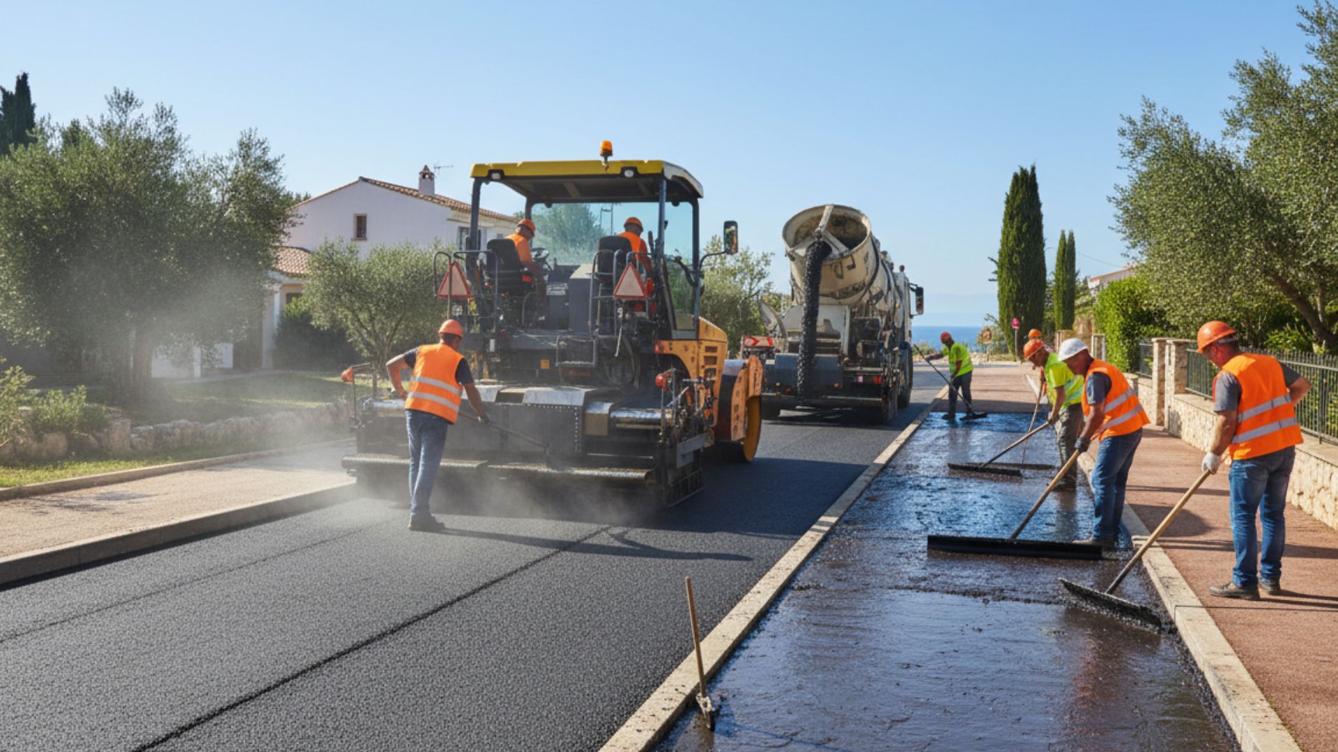 Comparatif technique enrobé bitumineux à chaud BBSG 0/10 SBS NF EN 14023 vs asphalte coulé Mastic Asphalt Gussasphalt NF EN 13108-6 NF P 98-145 — fabrication 150-180 °C vs 220-250 °C, vides 4-7 % vs inférieurs à 1 %, compactage vs auto-nivellement, étanchéité NF EN 14695 tablier pont — Société Missaoui Alpes-Maritimes Var
