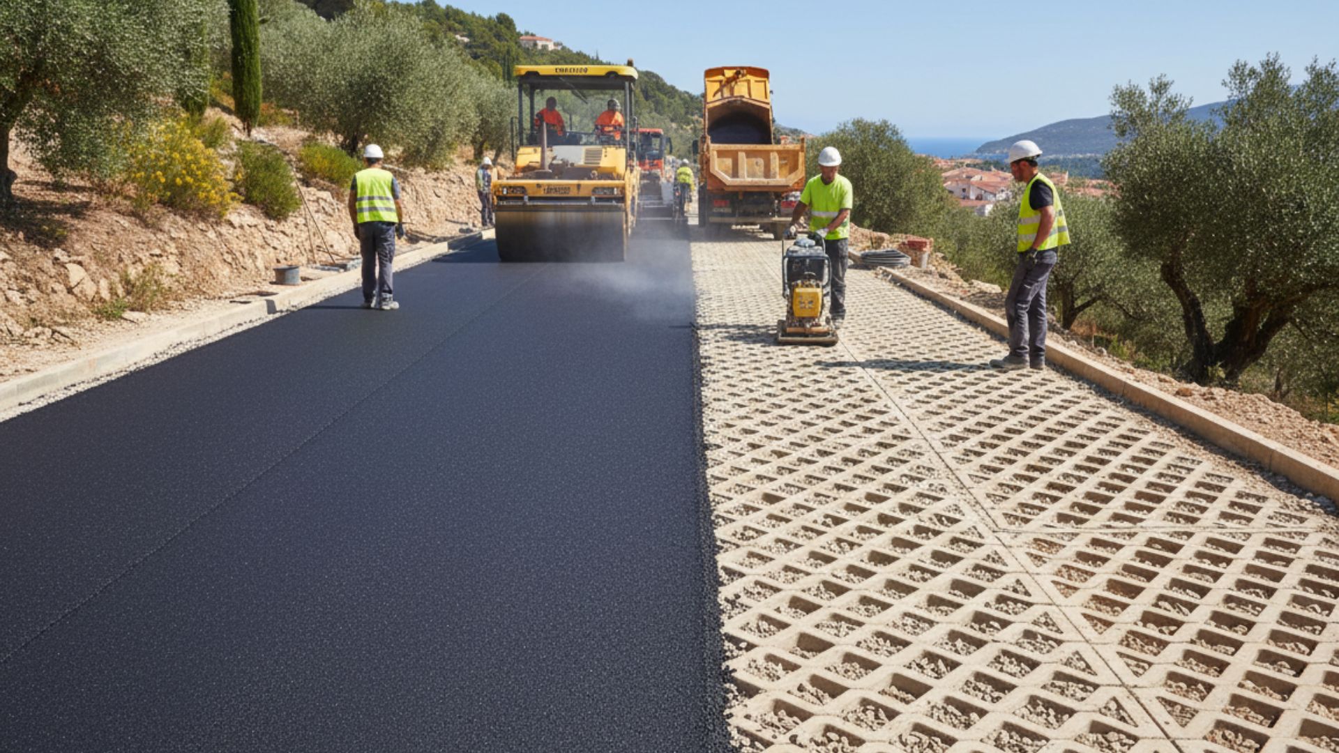 Comparatif enrobé bitumineux BBSG SBS vs dalles alvéolées en polyéthylène recyclé ou béton perforé TTE EcoVégétal O2D Ritter Geoblock — perméabilité aux eaux pluviales, stabilité mécanique, applications paysagères — Société Missaoui Alpes-Maritimes Var