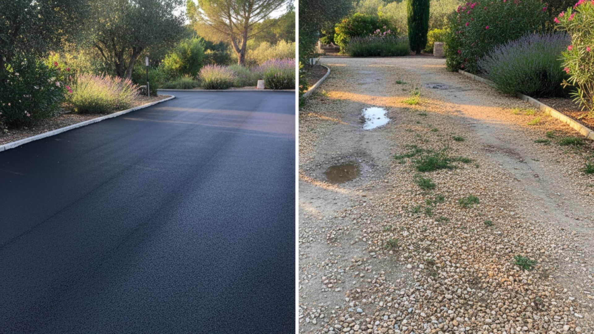 Comparatif enrobé bitumineux BBSG SBS vs revêtements gravillonnés (gravier libre, gravier stabilisé nid d'abeille polyéthylène, résine, mécanique) — entretien long terme, coût cycle de vie 25 ans, conformité PMR, perméabilité — Société Missaoui Alpes-Maritimes Var