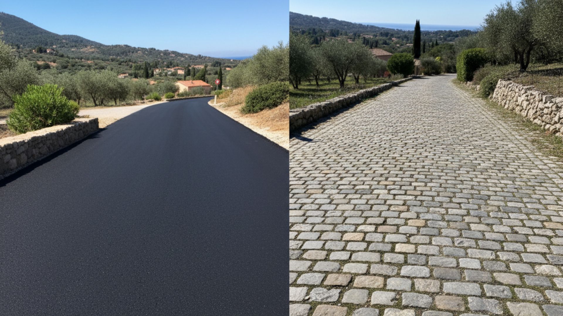 Comparatif enrobé BBSG vs pavés — durabilité comparée, pose, prix, applications allée villa parking copropriété place de village SPR — Société Missaoui Alpes-Maritimes Var