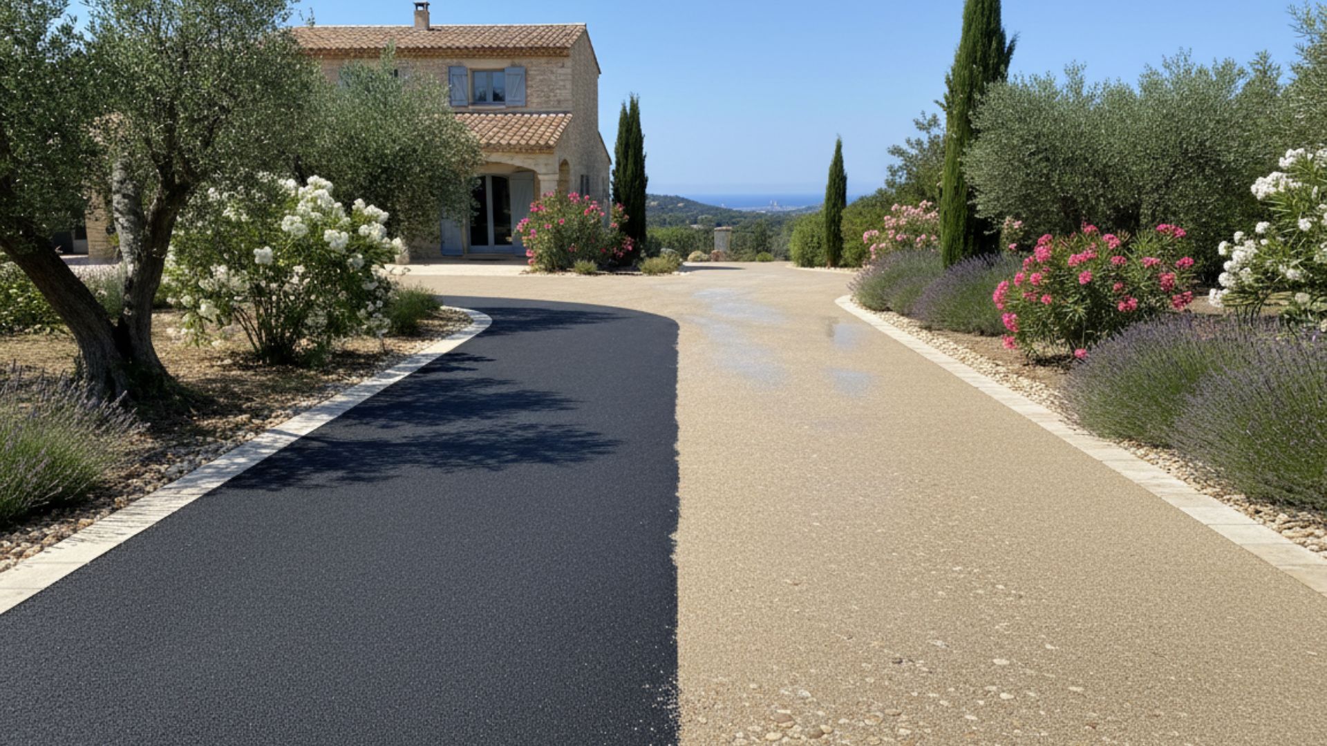 Comparatif enrobé BBSG vs résine pour allée de villa — durabilité, esthétique, granulats apparents marbre granit quartz, applications villa standard standing patrimoniale contemporaine — Société Missaoui Alpes-Maritimes Var