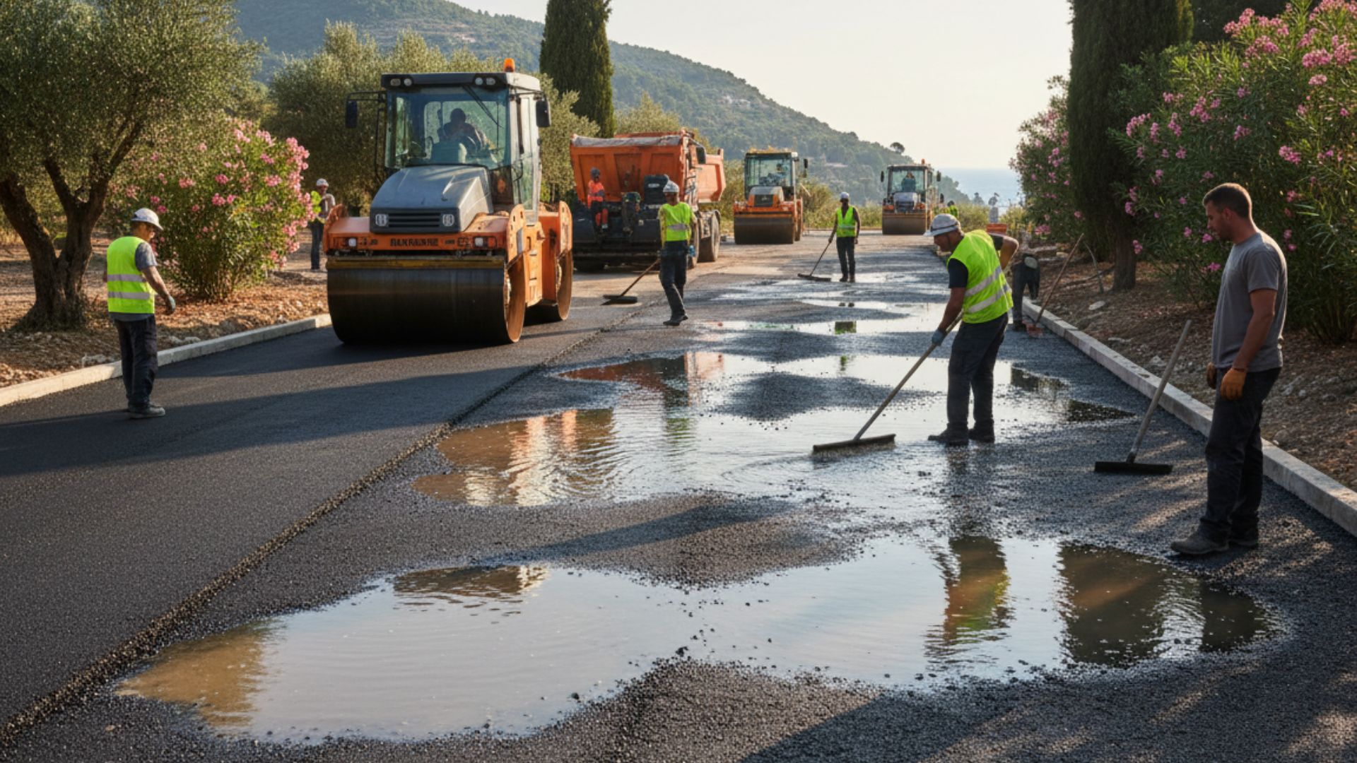 Flaques d'eau persistantes sur enrobé — diagnostic technique pentes insuffisantes inférieur 1 % et affaissements localisés et bordures trop hautes et tassements différentiels et défaut compactage GNT, solutions reprise pentes rabotage rechargement BBSG NF EN 13108-1 et couches d'accrochage C65BP3 SBS, conforme NF P 98-150-1 et loi sur l'eau du 3 janvier 1992 — Société Missaoui Alpes-Maritimes Var