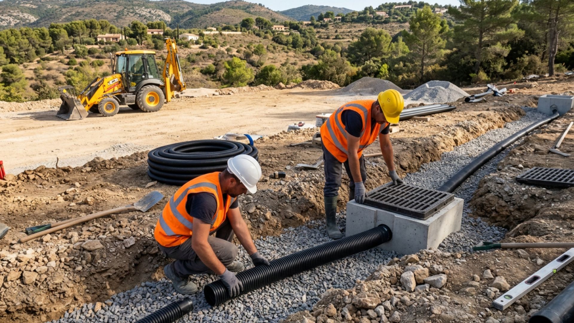 Guide drainage eaux pluviales de chantier — pente transversale, caniveaux béton, exutoires, bassins de rétention — Société Missaoui Alpes-Maritimes Var