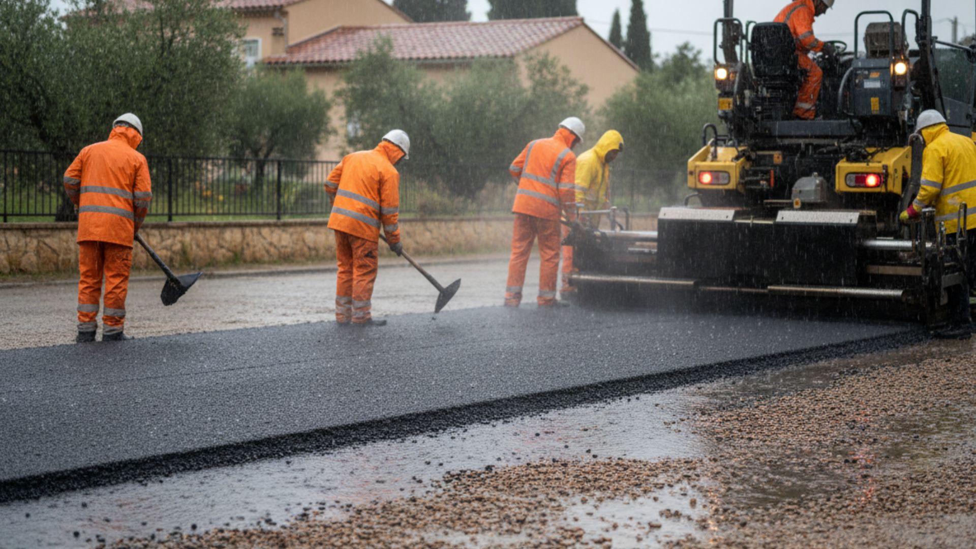 Pluie pendant la pose d'enrobé bitumineux — impact sur le résultat, refroidissement brutal de l'enrobé chaud, vides résiduels excessifs, compacité insuffisante moins de 94 %, désenrobage immédiat, plumage prématuré, aspect marbré — Société Missaoui Alpes-Maritimes Var