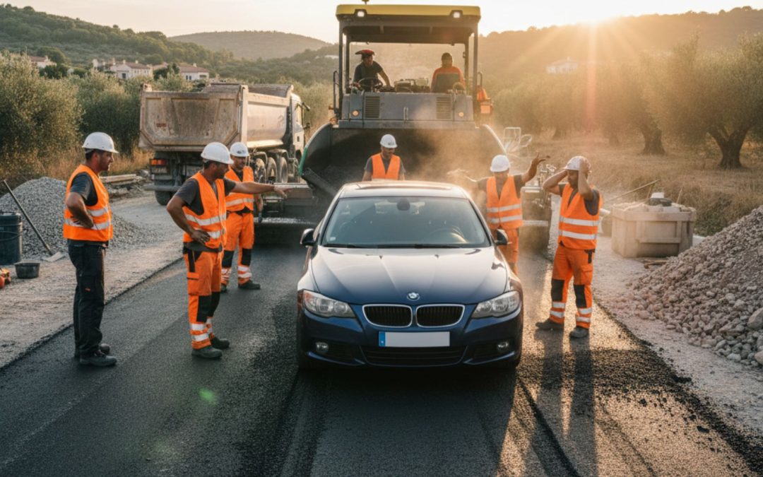 Véhicule garé trop tôt sur enrobé frais